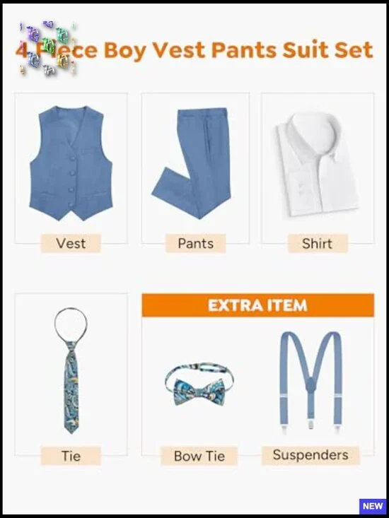 Boys Formal Suit Vest Set with Suspenders Classic Elegant Groomsman Attire - Picture 2 of 7